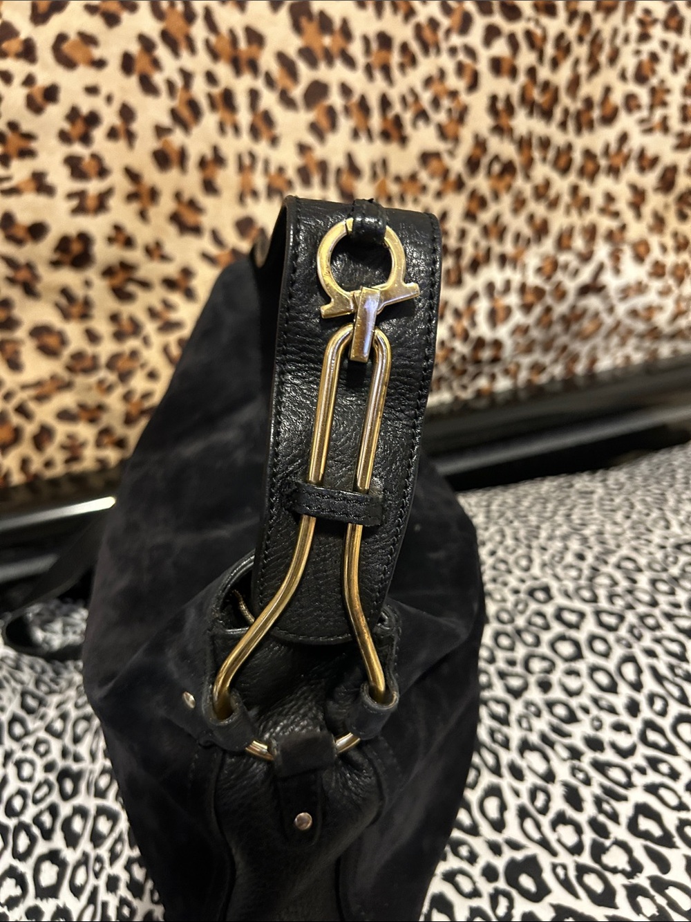 Black vintage Ferragamo  Suede Shoulder Bag with Gold Hardware